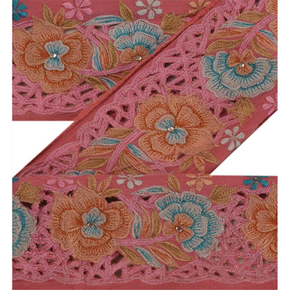 Sanskriti Vintage Sari Border Antique Hand Beaded 1 YD Trim Sewing SilkPink Lace