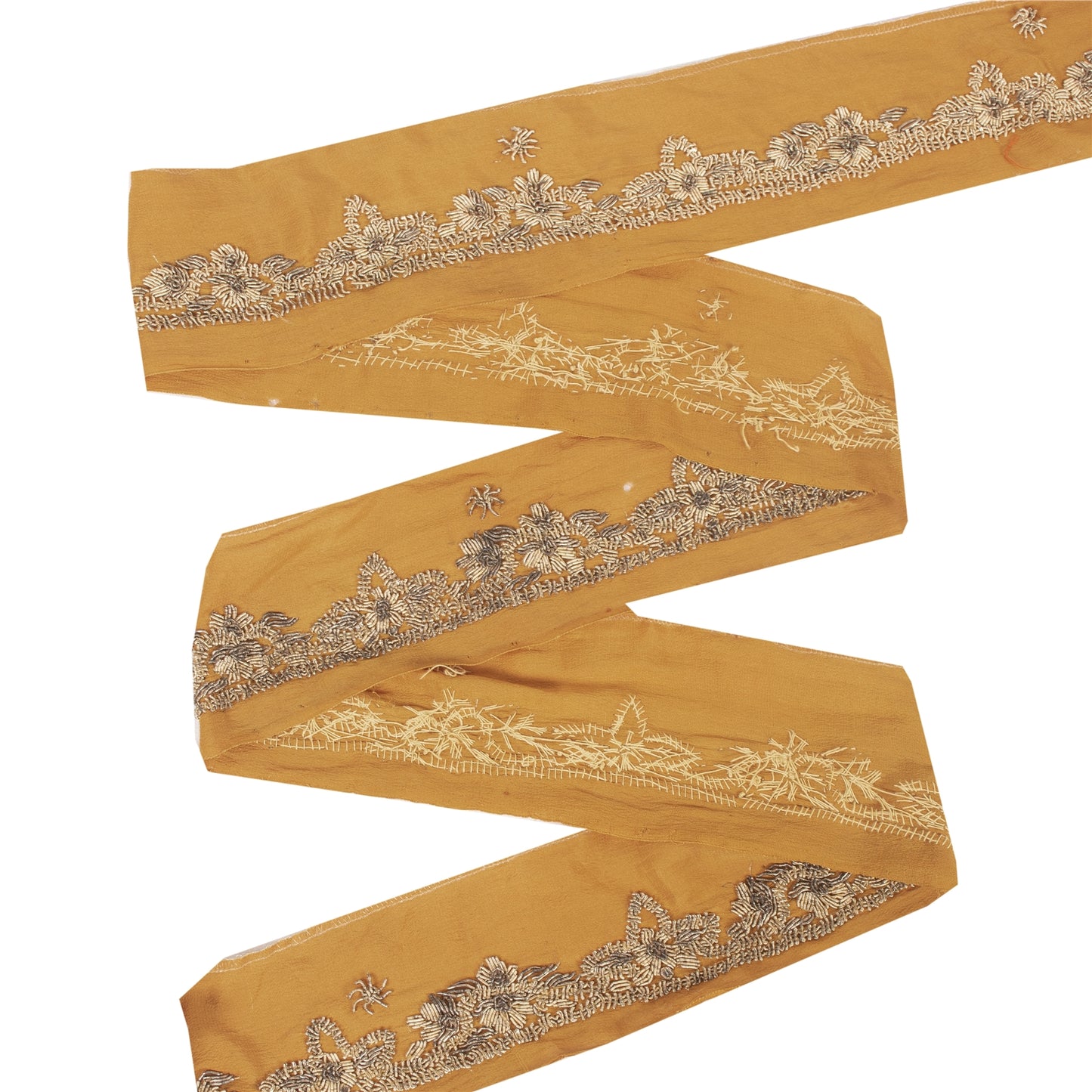 Sanskriti Vintage Border Zardozi Hand Bead 1 YD Indian Trim Ribbon Saffron Lace