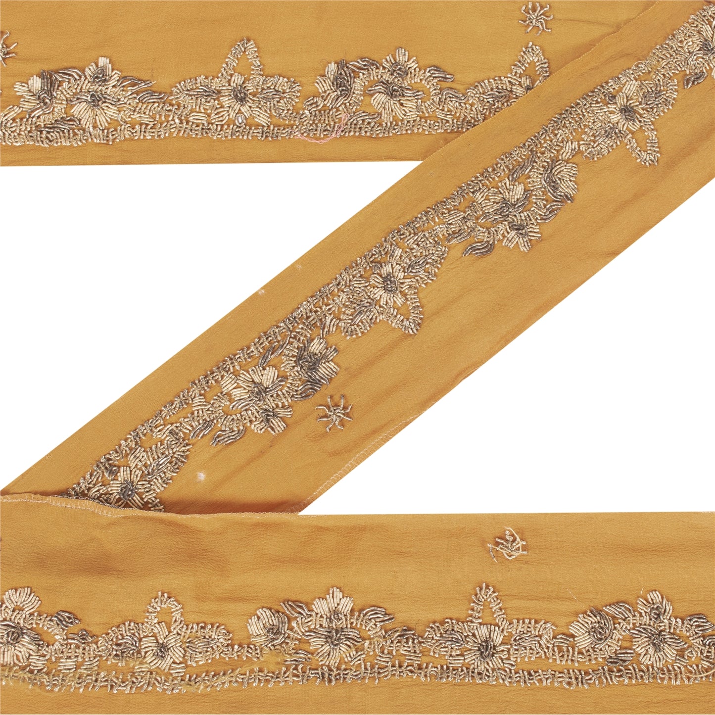 Sanskriti Vintage Border Zardozi Hand Bead 1 YD Indian Trim Ribbon Saffron Lace