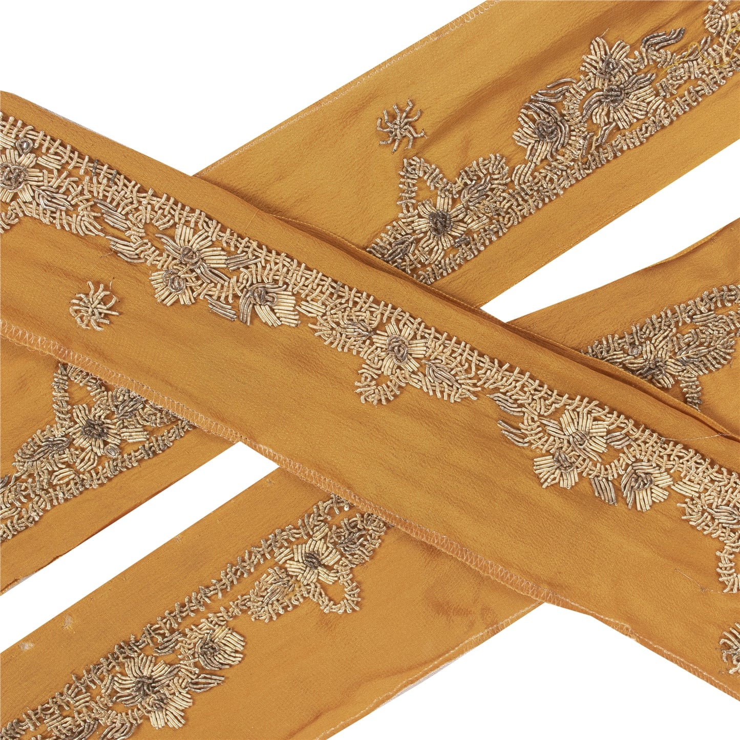 Sanskriti Vintage Border Zardozi Hand Bead 1 YD Indian Trim Ribbon Saffron Lace