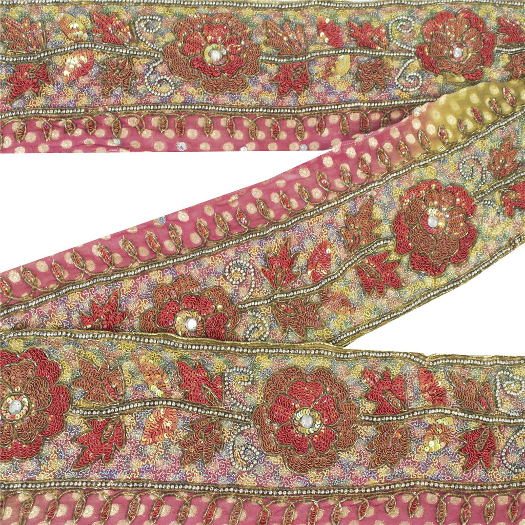 Sanskriti Vintage Saree Border 1 Yd 6.1" Cotton Pink Hand Beaded Indian Trim Sequins Saree Lace