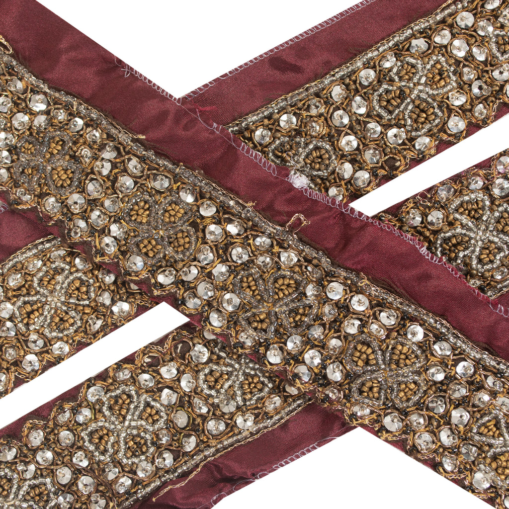 Sanskriti Vintage Saree Border 1 Yd 2" Purple Artificial Silk Hand Beaded Zardozi Zari Indian Trim Saree Lace Ribbon For Embelishment