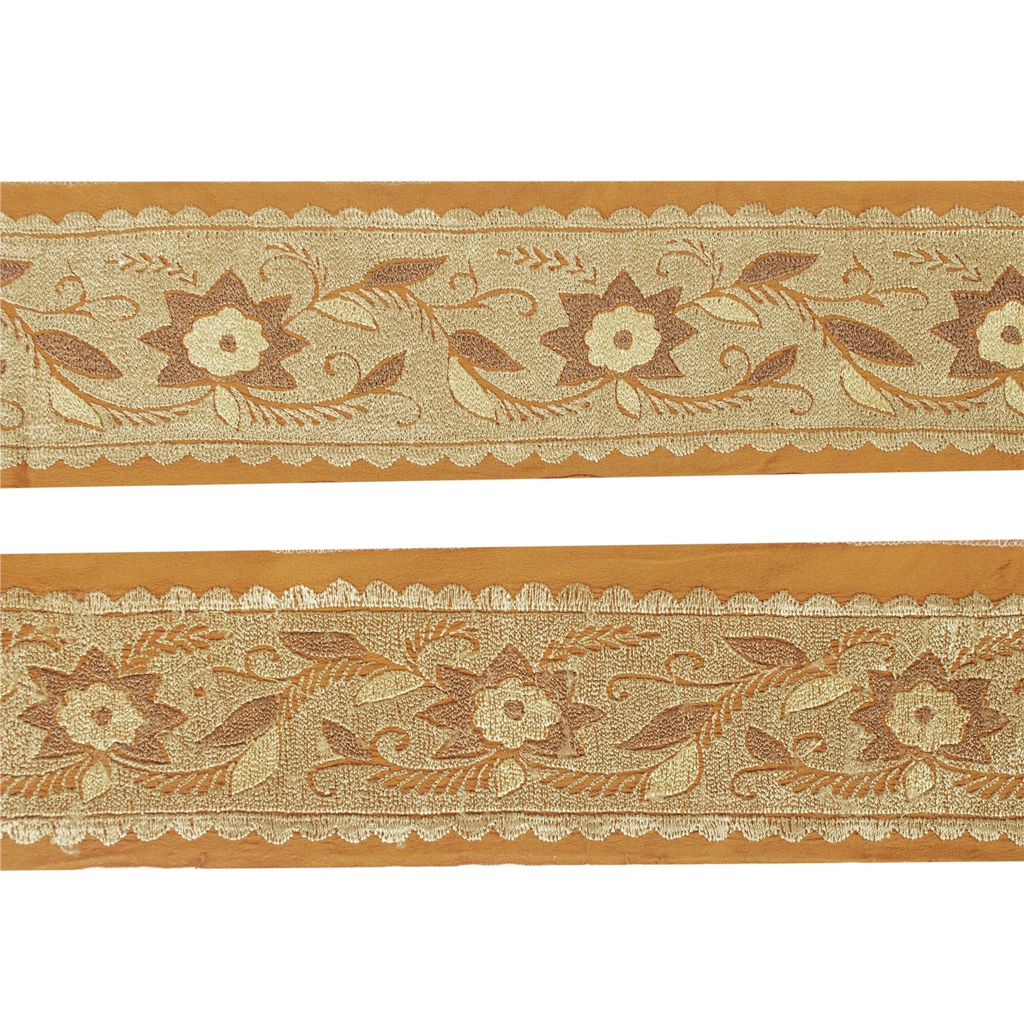 Sanskriti Vintage Sari Border Hand Embroidered 1YD Trim Sewing Silk Saffron Lace