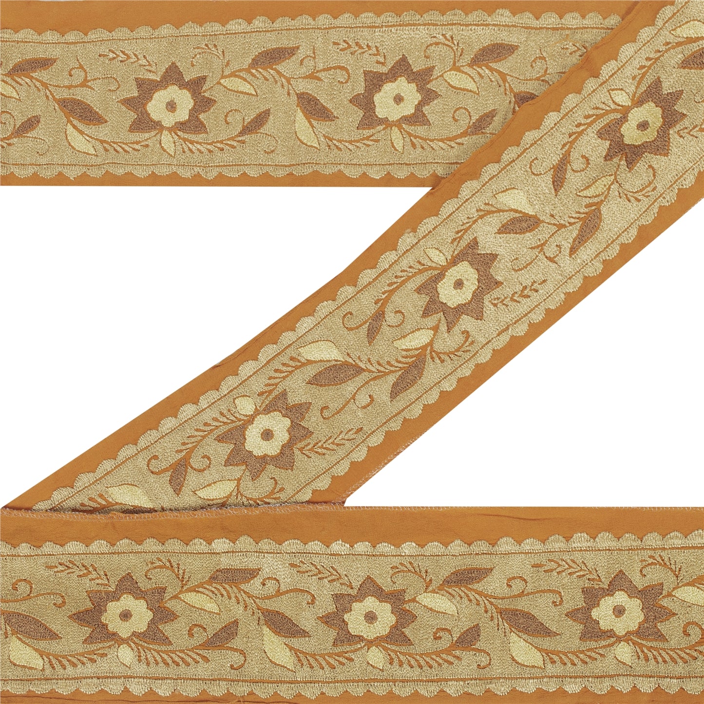 Sanskriti Vintage Sari Border Hand Embroidered 1YD Trim Sewing Silk Saffron Lace