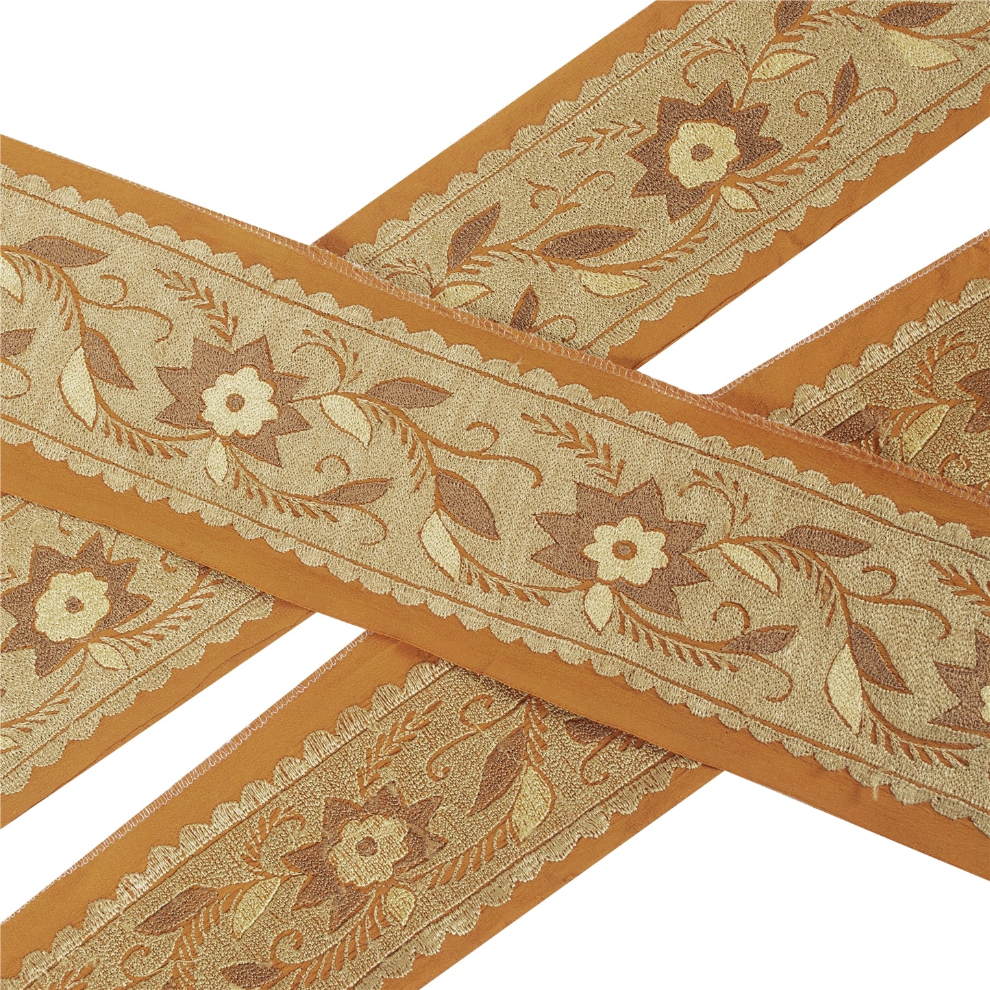 Sanskriti Vintage Sari Border Hand Embroidered 1YD Trim Sewing Silk Saffron Lace