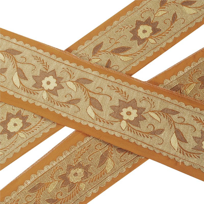 Sanskriti Vintage Saree Border 1Yd 3"W Pure Crepe Silk Saffron Embroidery Trim Sewing Silk Sari Lace Ribbon For Embelishment, Decor Fabric