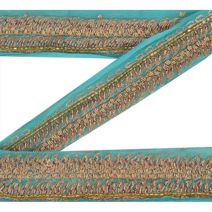 Sanskriti Vintage Border Antique Hand Bead Zardozi 1YD Trim Ribbon Sky Blue Lace