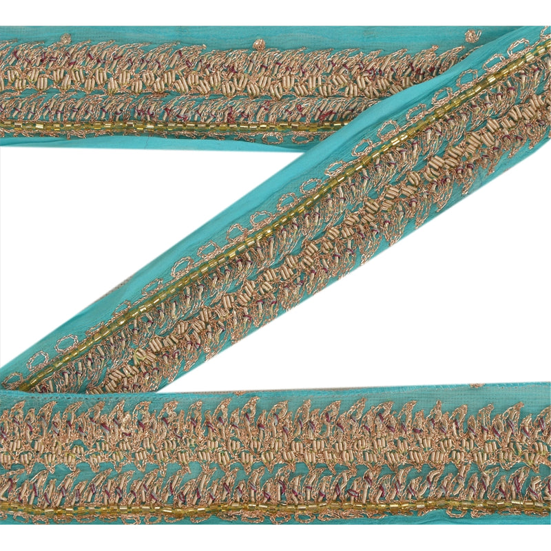 Sanskriti Vintage Saree Border 1Yd 1.5"W Sky Blue Georgette Hand Beaded Zari Zardozi Trim Lace Ribbon For Embelishment, Dress Decor Fabric