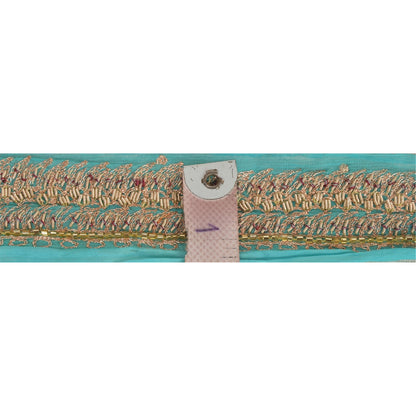 Sanskriti Vintage Border Antique Hand Bead Zardozi 1YD Trim Ribbon Sky Blue Lace