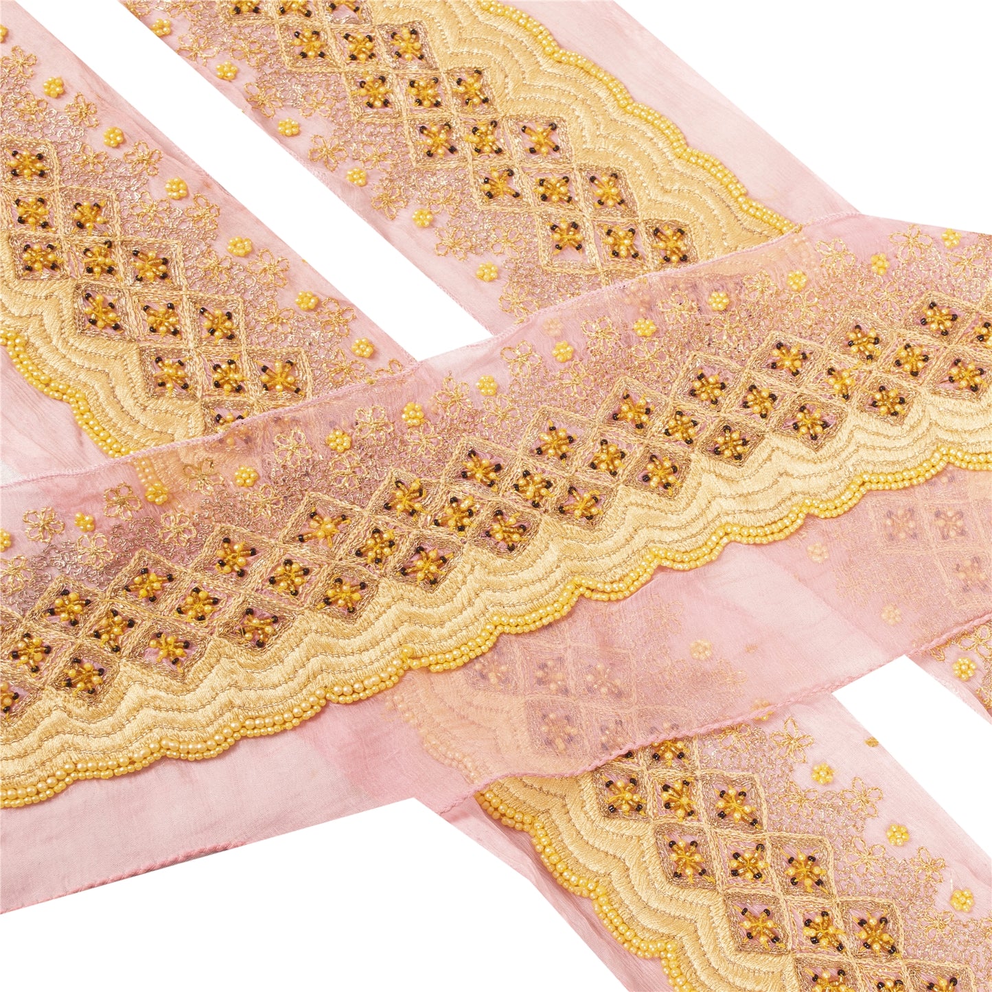 Sanskriti Vintage Sari Border Hand Beaded Zari 1 YD Indian Trim Sewing Pink Lace