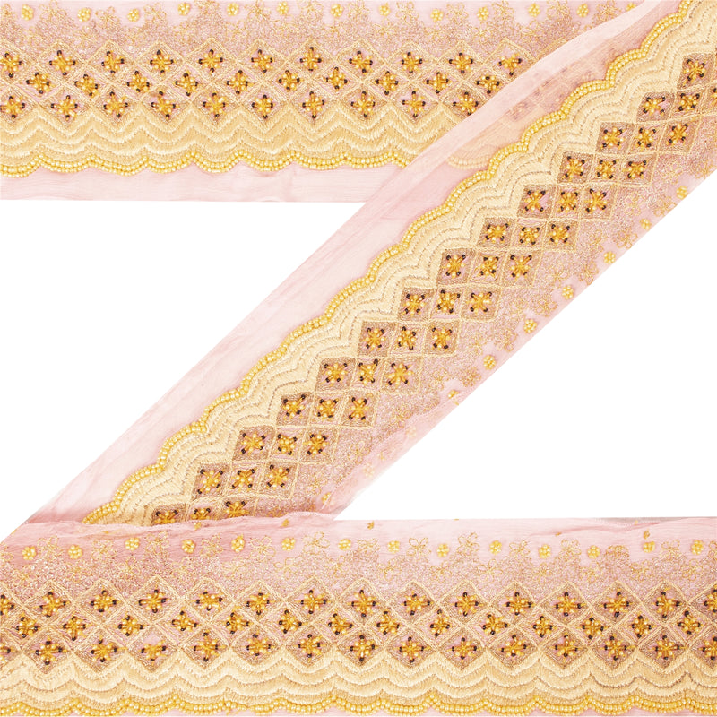 Sanskriti Vintage Saree Border Pink 1 Yd 4.2"W Chiffon Silk Hand Beaded Zari Indian Sari Trim Sewing Lace Dress Decor Fabric