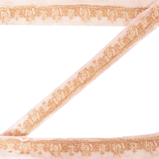 Vintage Sari Border Antique Hand Beaded 1 YD Indian Trim Décor Ribbon Pink Lace