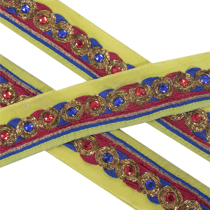 Vintage Sari Border Antique Hand Beaded 1 YD Indian Trim Décor Ribbon Green Lace