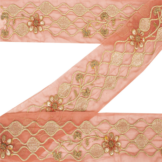Sanskriti Vintage Saree Border Pink 3"W Artificial Silk 1 Yd Hand Beaded Zari Zardozi Indian Trim Sewing Saree Lace Dress Decor Fabric