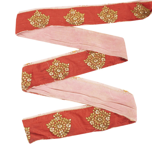 Sanskriti Vintage Saree Border Red 1 Yd 3.5"W Artificial Silk Hand Beaded Gota Patti Dabka Sequins Sari Trim Lace Ribbon For Embelishment