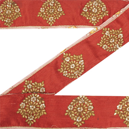 Sanskriti Vintage Saree Border Red 1 Yd 3.5"W Artificial Silk Hand Beaded Gota Patti Dabka Sequins Sari Trim Lace Ribbon For Embelishment