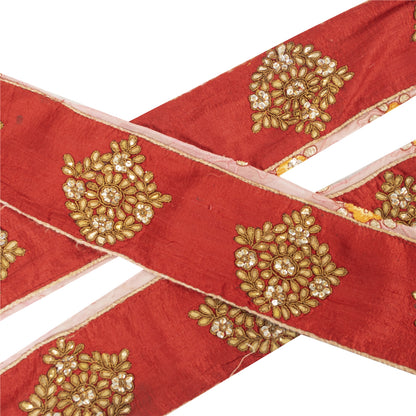 Sanskriti Vintage Saree Border Red 1 Yd 3.5"W Artificial Silk Hand Beaded Gota Patti Dabka Sequins Sari Trim Lace Ribbon For Embelishment