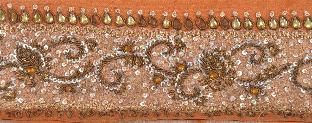 Sanskriti Vintage Saree Border Orange 1 Yd 3 "W Pure Silk Hand Beaded Zari Zardozi Dabka Indian Sari Trim Saree Lace For Embelishment