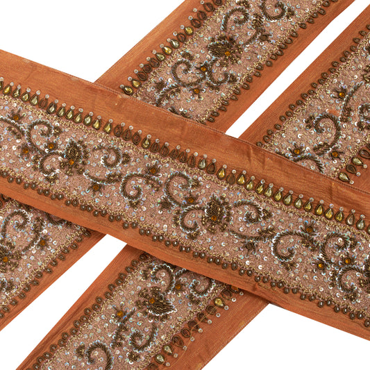 Sanskriti Vintage Saree Border Orange 1 Yd 3 "W Pure Silk Hand Beaded Zari Zardozi Dabka Indian Sari Trim Saree Lace For Embelishment