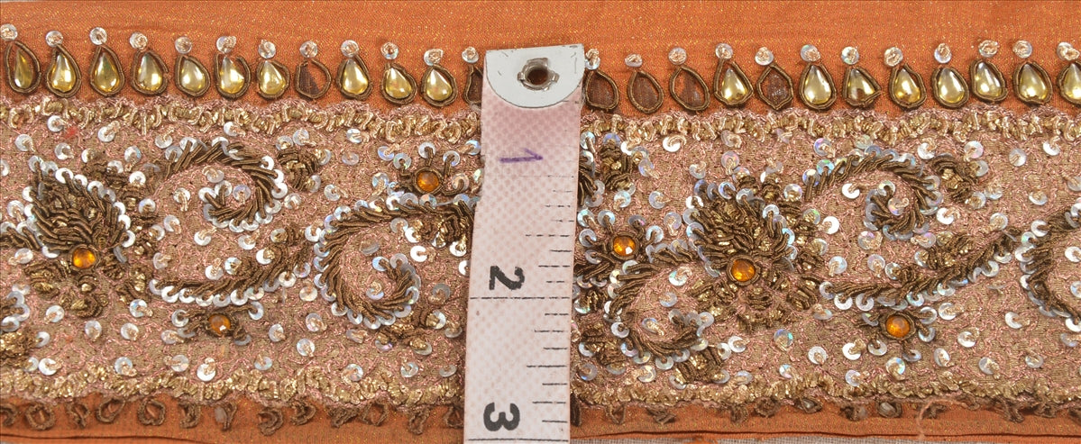 Sanskriti Vintage Saree Border Orange 1 Yd 3 "W Pure Silk Hand Beaded Zari Zardozi Dabka Indian Sari Trim Saree Lace For Embelishment