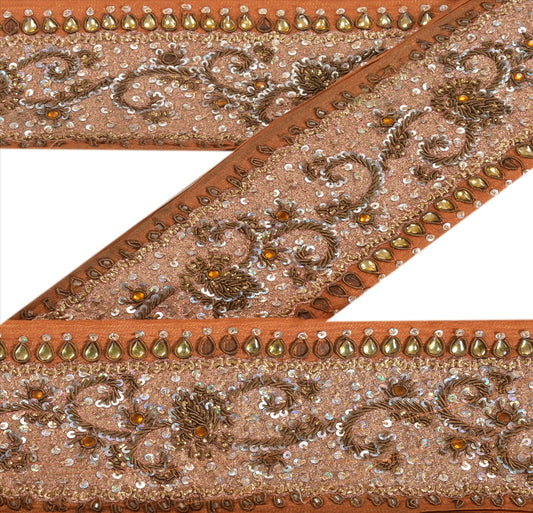Sanskriti Vintage Saree Border Orange 1 Yd 3 "W Pure Silk Hand Beaded Zari Zardozi Dabka Indian Sari Trim Saree Lace For Embelishment