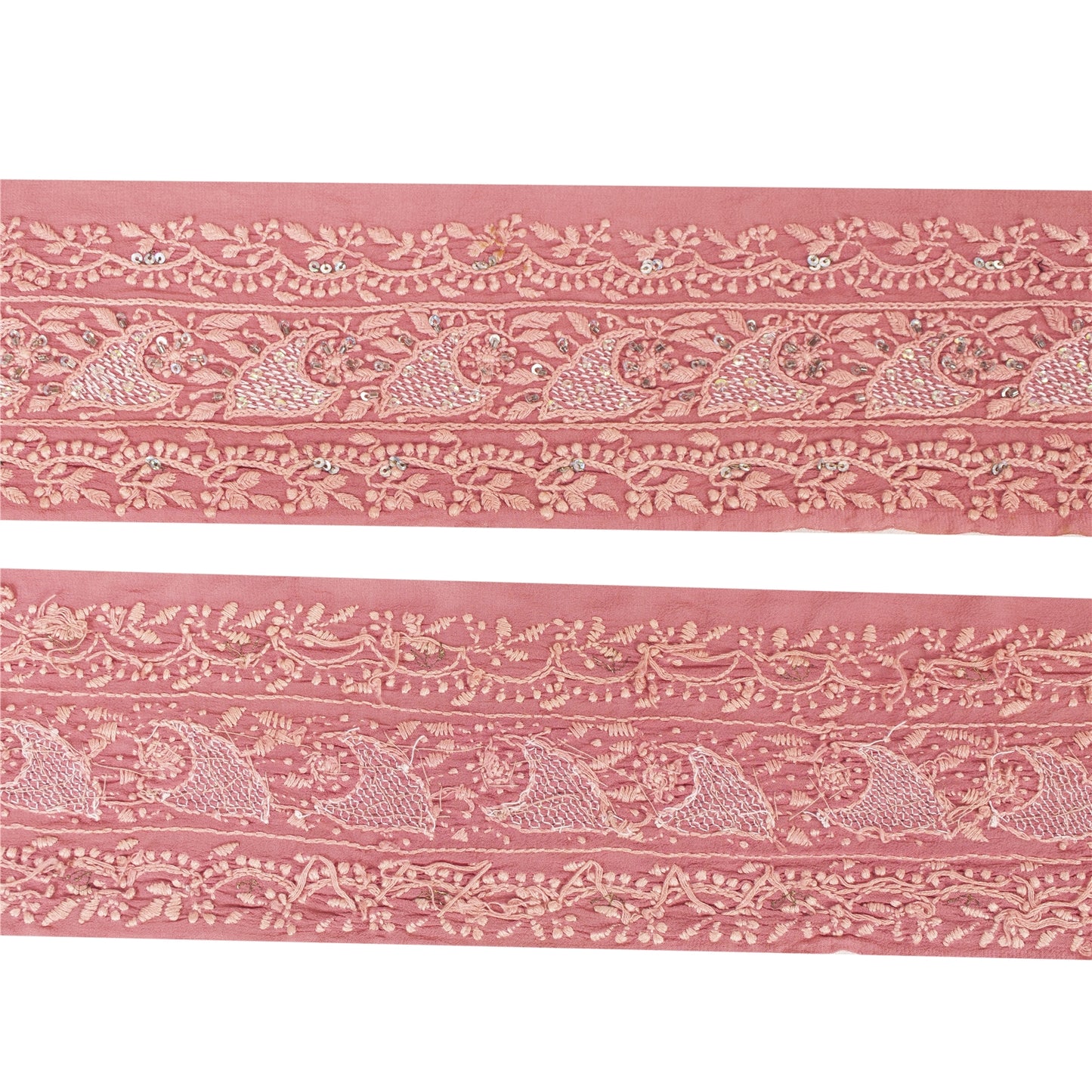 Vintage Sari Border Antique Hand Beaded Chikankari 1 YD Indian Trim Pink Lace