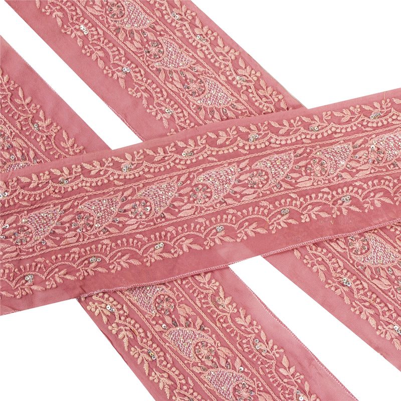 Vintage Sari Border Antique Hand Beaded Chikankari 1 YD Indian Trim Pink Lace