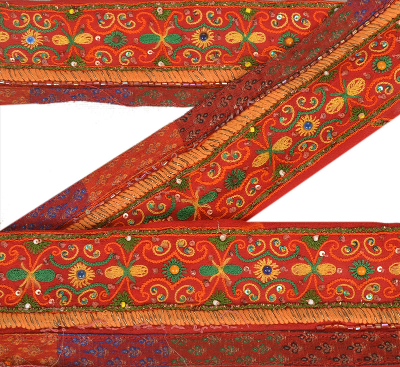 Sanskriti Vintage Zardozi Sari Border: Hand Beaded Indian Georgette Trim, Red Lace (1 Yd)