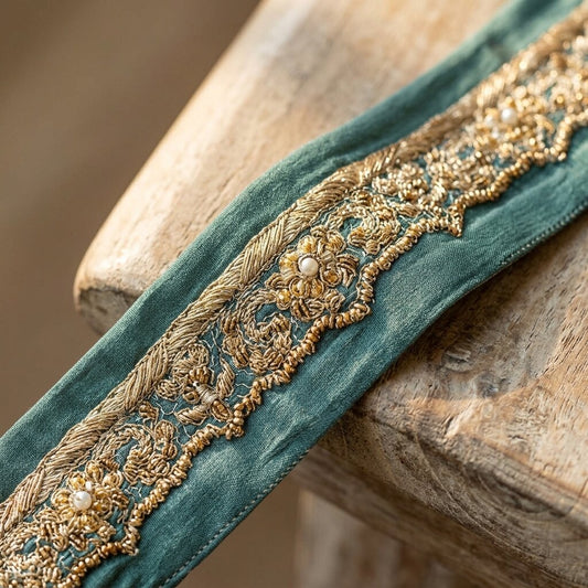 Sanskriti Vintage 1 YD Sari Border Blue Pure Crepe Hand Embroidered Craft Ribbon