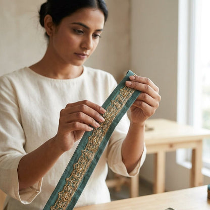 Sanskriti Vintage 1 YD Sari Border Blue Pure Crepe Hand Embroidered Craft Ribbon
