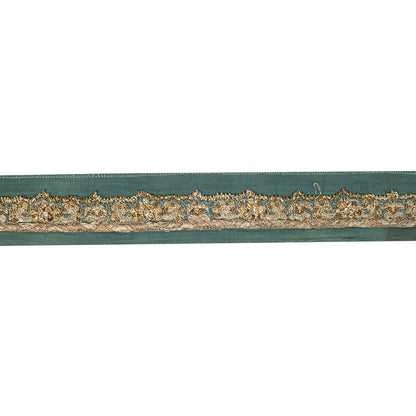 Sanskriti Vintage 1 YD Sari Border Blue Pure Crepe Hand Embroidered Craft Ribbon