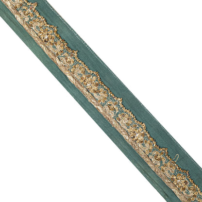 Sanskriti Vintage 1 YD Sari Border Blue Pure Crepe Hand Embroidered Craft Ribbon