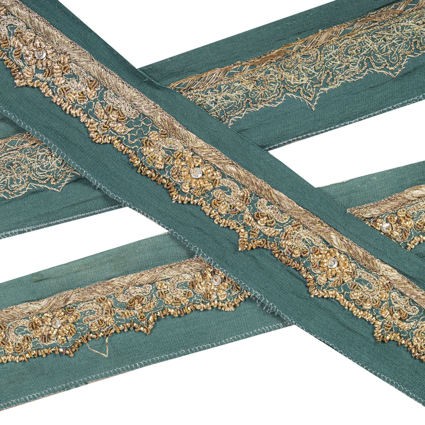 Sanskriti Vintage 1 YD Sari Border Blue Pure Crepe Hand Embroidered Craft Ribbon