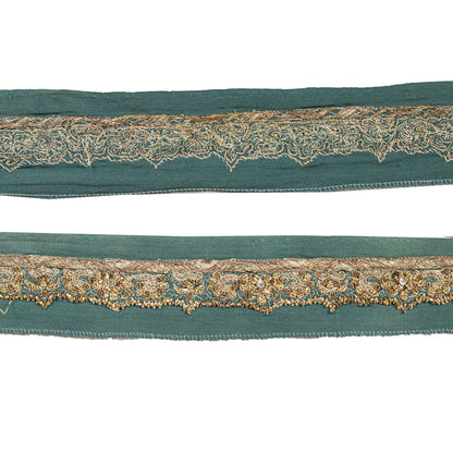Sanskriti Vintage 1 YD Sari Border Blue Pure Crepe Hand Embroidered Craft Ribbon