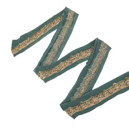 Sanskriti Vintage 1 YD Sari Border Blue Pure Crepe Hand Embroidered Craft Ribbon