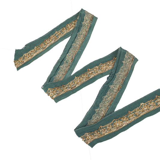 Sanskriti Vintage 1 YD Sari Border Blue Pure Crepe Hand Embroidered Craft Ribbon