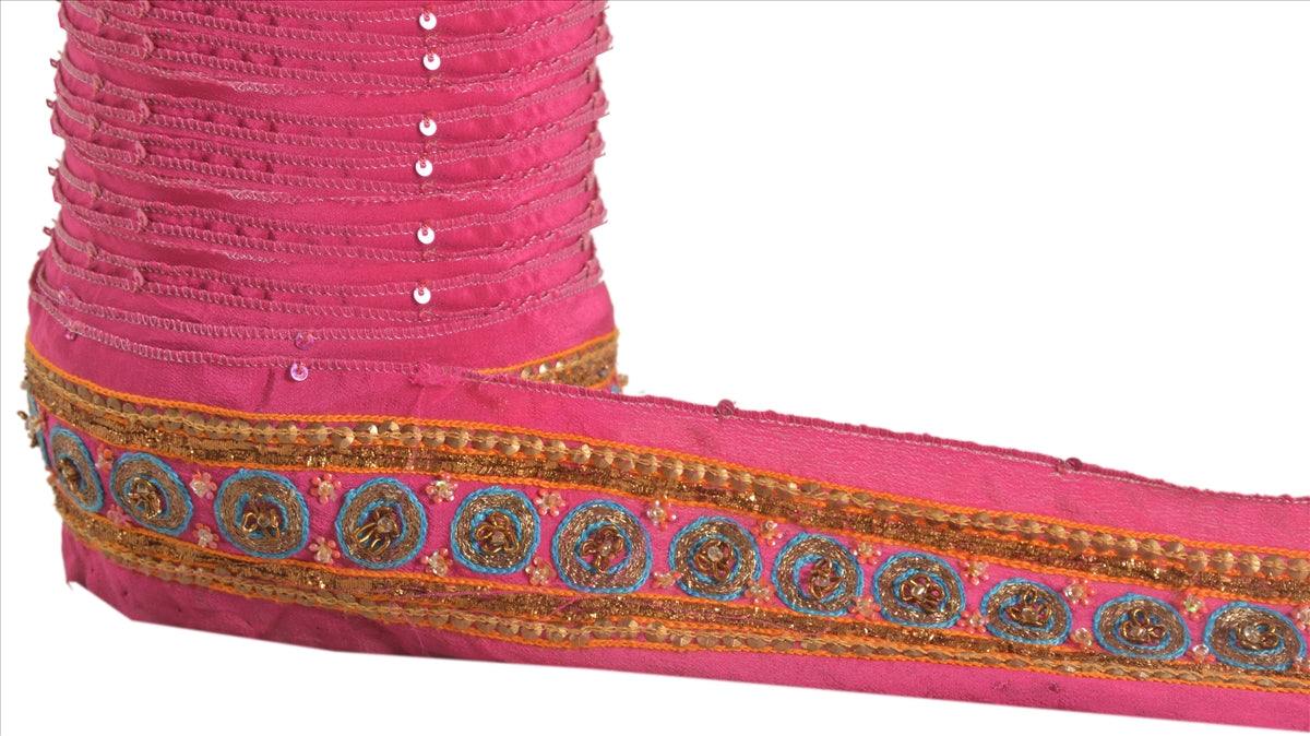 Sanskriti Vintage Sari Border Antique Hand Bead Zardozi1YD Trim Sewing Pink Lace