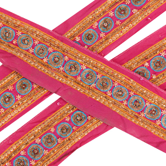 Sanskriti Vintage Sari Border Antique Hand Bead Zardozi1YD Trim Sewing Pink Lace