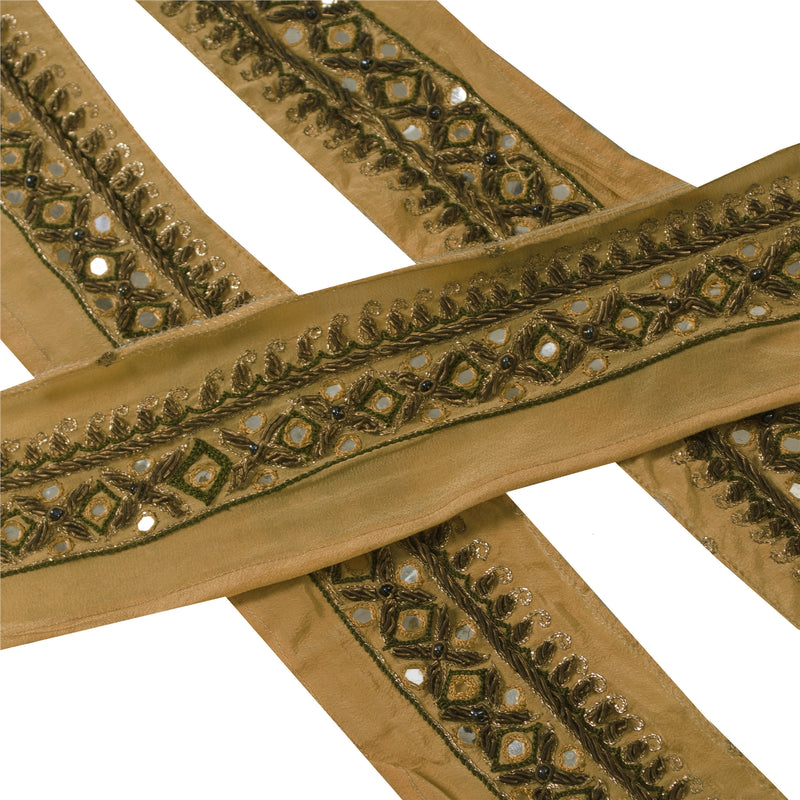 Sanskriti Vintage Sarees/Sari Border Hand Beaded Zari Zardozi Pure Crepe Silk 1 Yd Indian Trim Ribbon Cream Lace