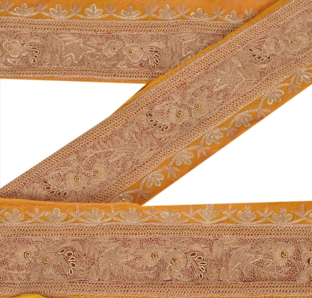 Sanskriti Vintage Sari Border Hand Beaded 1 YARD Indian Trim Sewing Saffron Lace