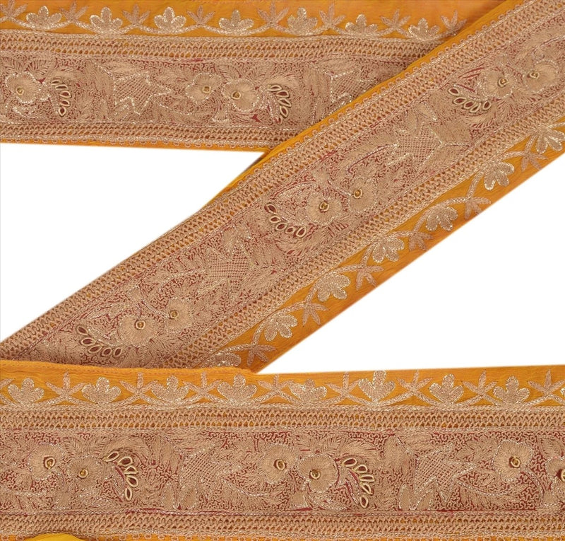 Sanskriti Vintage Saree Border Saffron 1 Yd Hand Beaded Zari Zardozi Indian Saree Trim Sewing Chiffon Silk Lace Ribbon For Embellishment