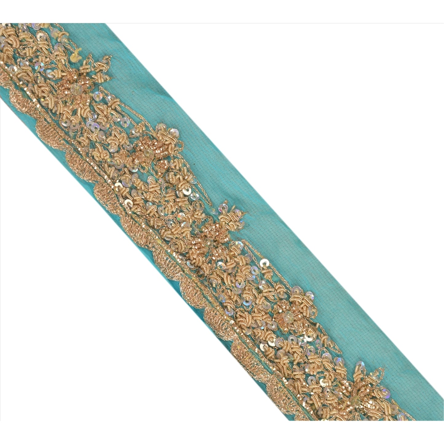 Sanskriti Vintage Saree Border 1 Yd 1.5"W Blue Chiffon Silk Hand Beaded Zari Zardozi Dabka Sequins Indian Trim Zardozi Ribbon Lace