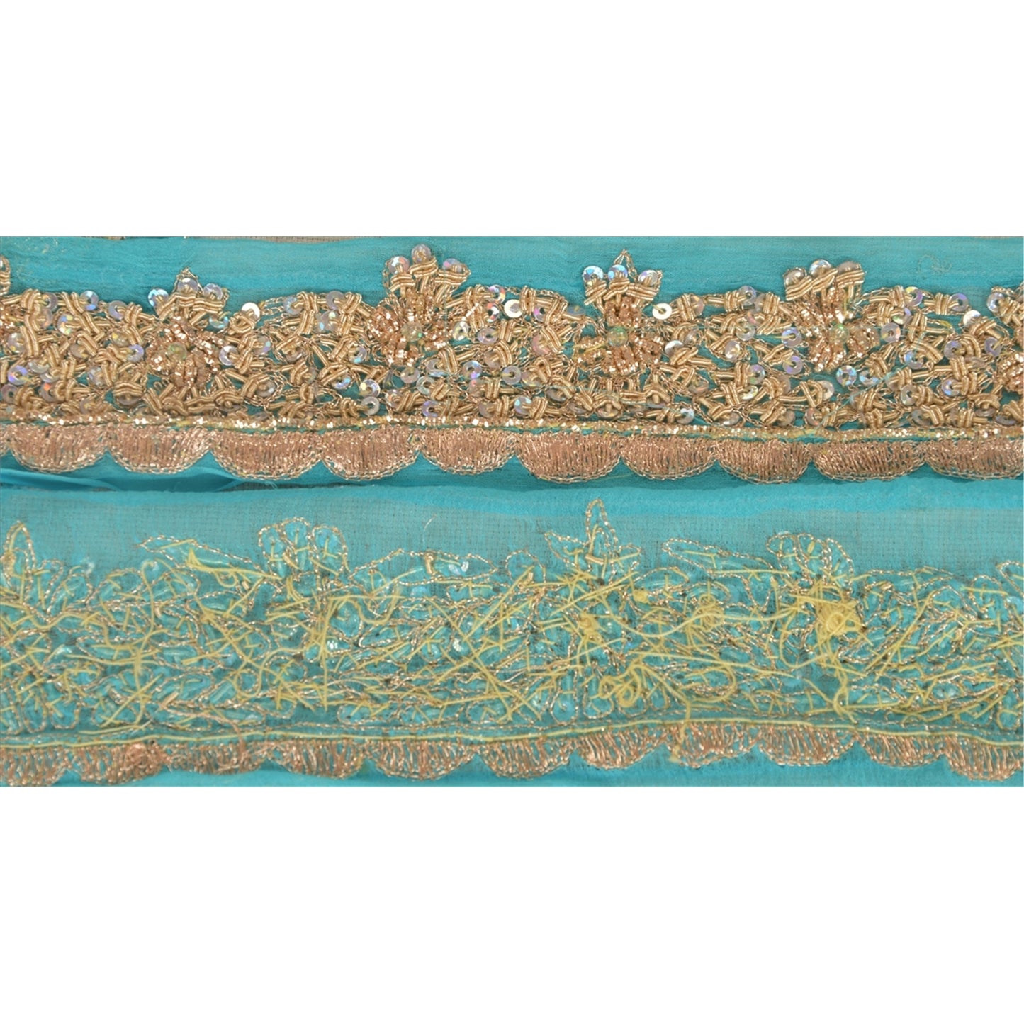 Sanskriti Vintage Saree Border 1 Yd 1.5"W Blue Chiffon Silk Hand Beaded Zari Zardozi Dabka Sequins Indian Trim Zardozi Ribbon Lace