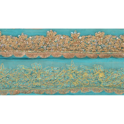 Sanskriti Vintage Saree Border 1 Yd 1.5"W Blue Chiffon Silk Hand Beaded Zari Zardozi Dabka Sequins Indian Trim Zardozi Ribbon Lace