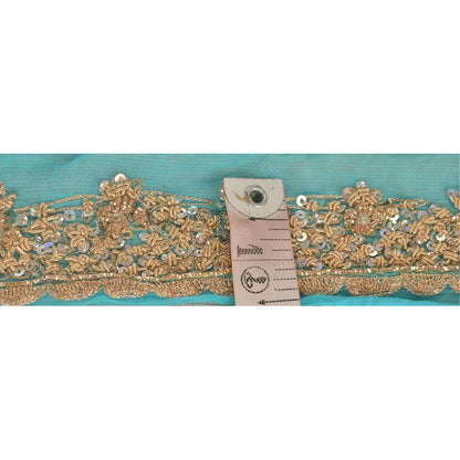 Sanskriti Vintage Saree Border 1 Yd 1.5"W Blue Chiffon Silk Hand Beaded Zari Zardozi Dabka Sequins Indian Trim Zardozi Ribbon Lace