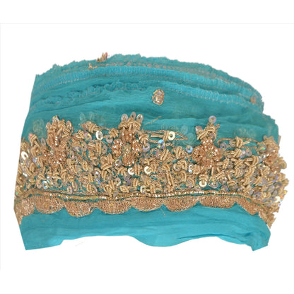 Sanskriti Vintage Saree Border 1 Yd 1.5"W Blue Chiffon Silk Hand Beaded Zari Zardozi Dabka Sequins Indian Trim Zardozi Ribbon Lace