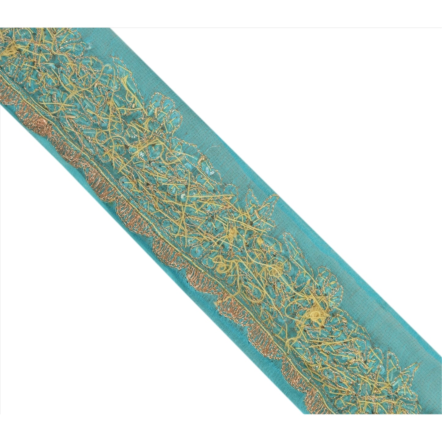 Sanskriti Vintage Saree Border 1 Yd 1.5"W Blue Chiffon Silk Hand Beaded Zari Zardozi Dabka Sequins Indian Trim Zardozi Ribbon Lace