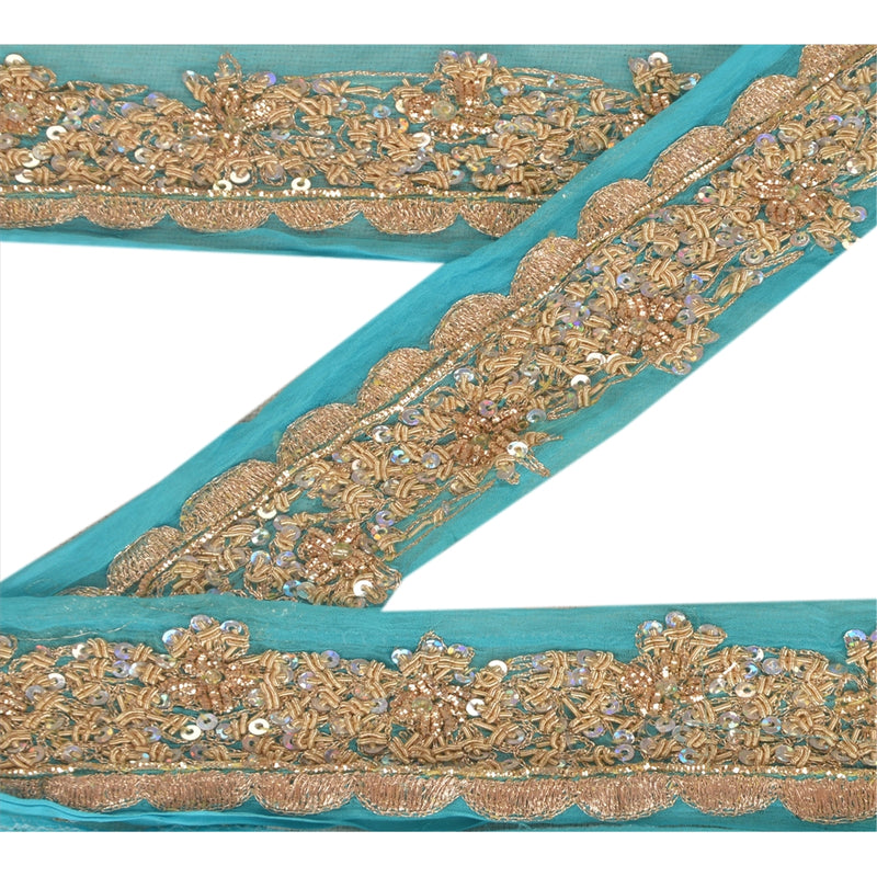 Sanskriti Vintage Saree Border 1 Yd 1.5"W Blue Chiffon Silk Hand Beaded Zari Zardozi Dabka Sequins Indian Trim Zardozi Ribbon Lace