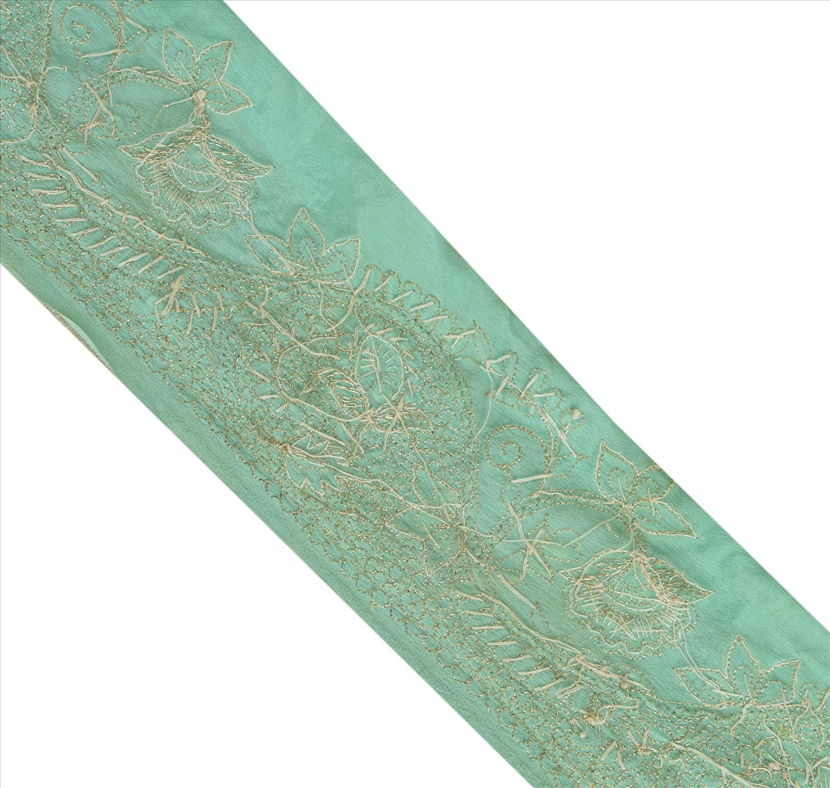 Sanskriti Vintage Sari Border Hand Beaded 1 YD Indian Trim Sewing Sea Green Lace