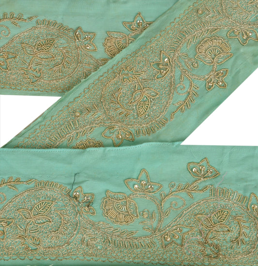 Sanskriti Vintage Sari Border Hand Beaded 1 YD Indian Trim Sewing Sea Green Lace